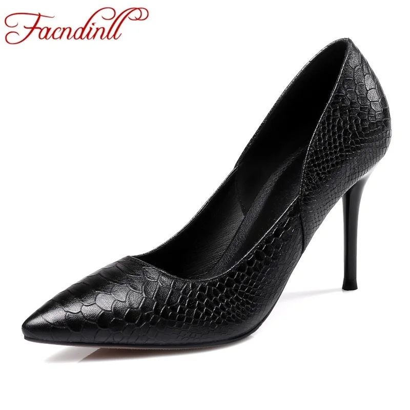 

FACNDINLL brand 2017 new gneuine leather women pumps shoes thick high heel pointed toe black shoes woman dress office lady pumps