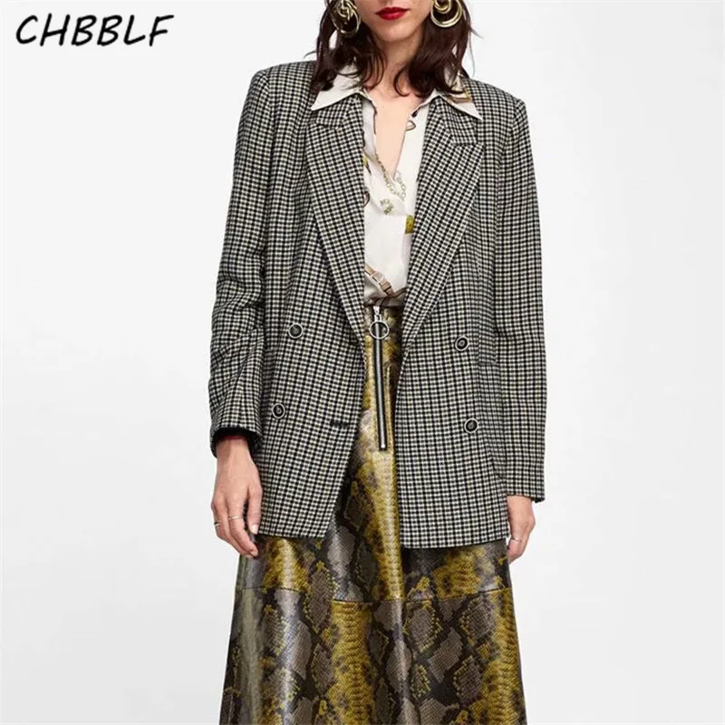 CHBBLF women vintage plaid houndstooth blazer pockets