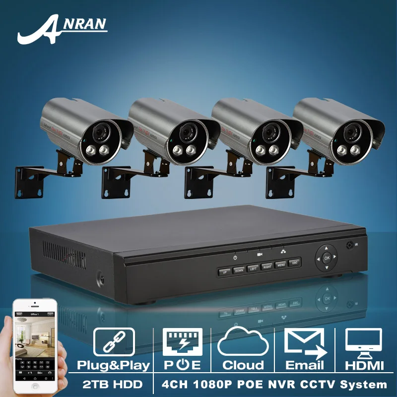 

Onvif POE IP Camera 1080P HD IR Night Vison Outdoor Home Security Surveillance Kit Plug And Play 4CH POE NVR CCTV System 2TB HDD