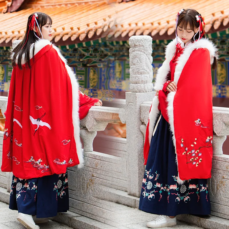 Cosplay Cachemire Épaissir Cape Noël Long Chinois Manteau Outwear Grue De À Femmes Laine Capuchon Broderie Floral Fourrure 6OFRqwZ
