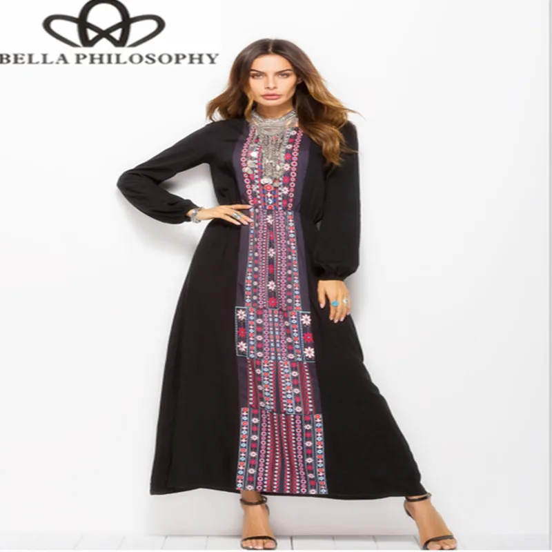 Wonder 2018 new Autumn Winter Ladies Dress Women Ankle-Length MaxiDress BohemianO-Neck REgular Empire Appliques Print Dress