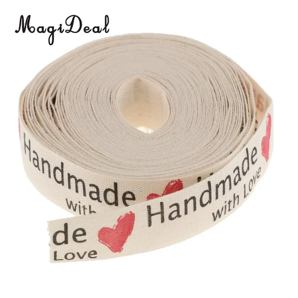 MagiDeal 5 Yards Hand Made with Love Heart Fabric Ribbon Gift Package Craft Decor
