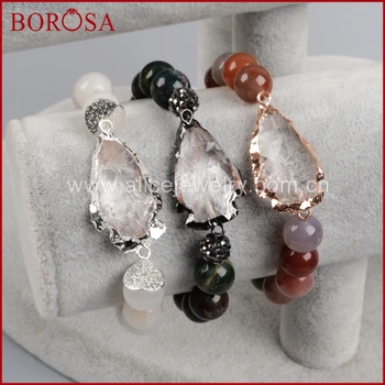 

BOROSA Bracelet, Rose Gold Color Natural Quartz Arrowhead Bracelet With 10mm India Crystal Druzy/White Natural Stone Beads G1208