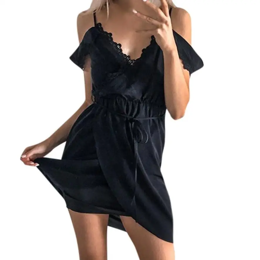 

Womens Mini Dress Ladies Lace Wrap Dresses Off The Shoulder V Neck Short Sleeve Ladies Summer Dress #BF