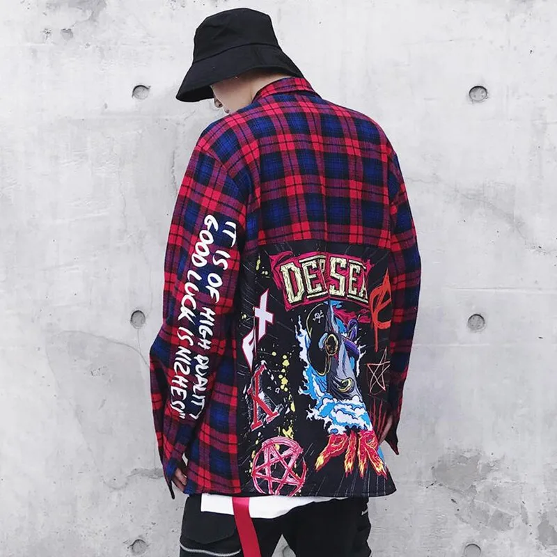 

2018 Street Hip Hop plaid Shirts Long sleeve Mens shark print dress jacket Blue Checkered Shirt casual Cotton flannel Shirt