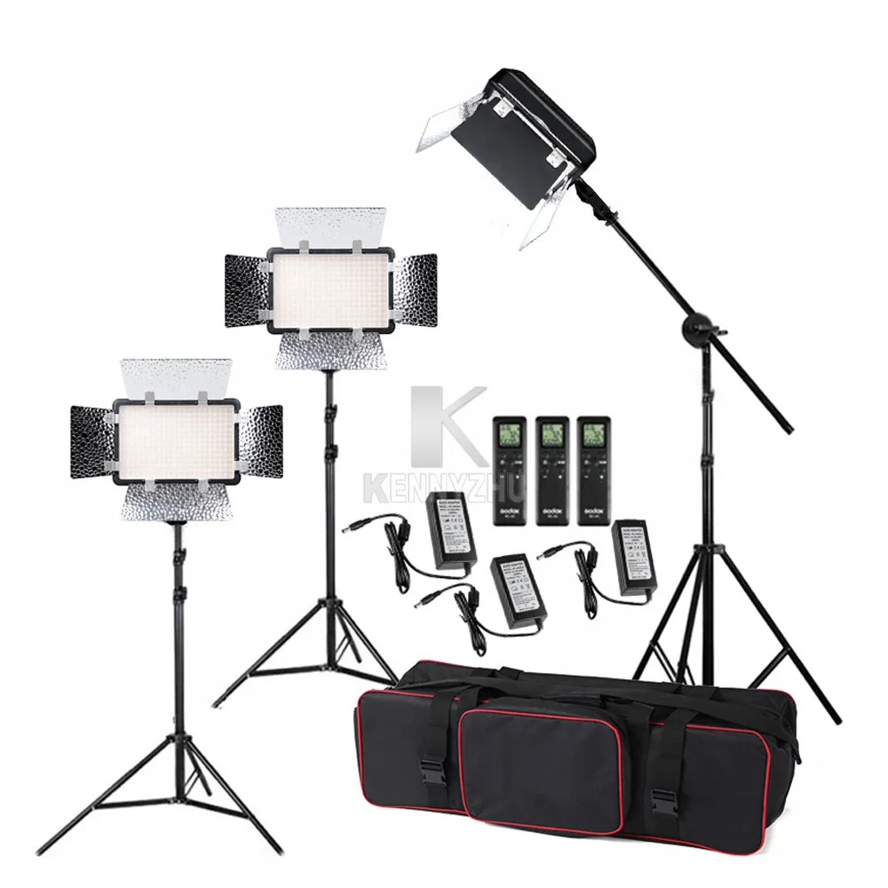 Godox 3 x светодиодный 308C II 3300-5600K DSLR светодиодный видео светильник комплект+ пульт дистанционного управления+ 2 м подставка+ стрела+ адаптер питания+ сумка для переноски