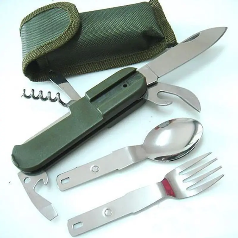 

Outdoor Portable Stainless Steel Multi-function Collapsible Set With Knife Spoon Fork Bottle Opener Foldable Easy To Carry