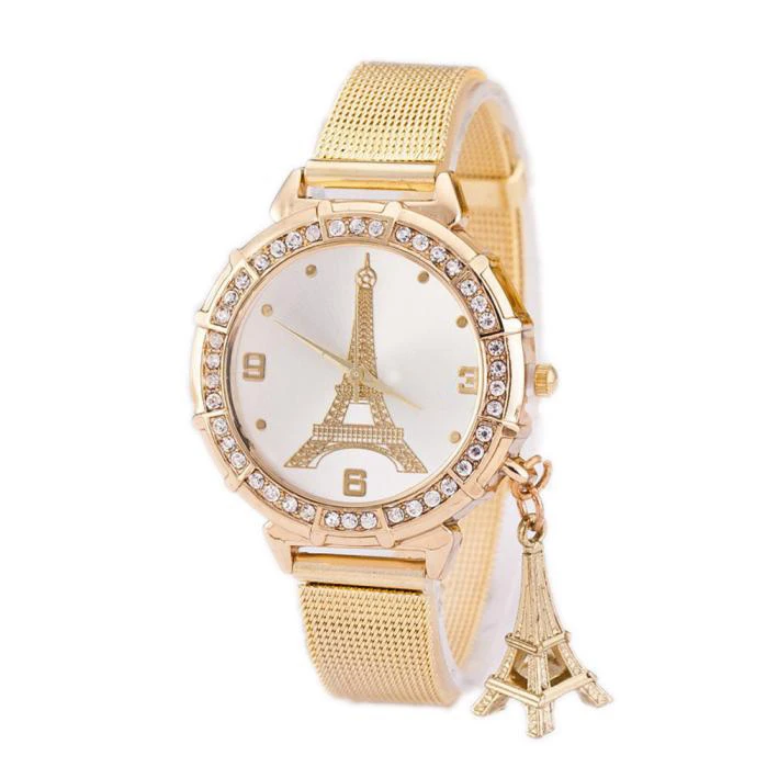 

Gold Stainless Steel Mesh Strap Quartz-Watch Clock Luxury Crystal Paris Eiffel Tower Watches Mens Ladies Casual Wrist Watch