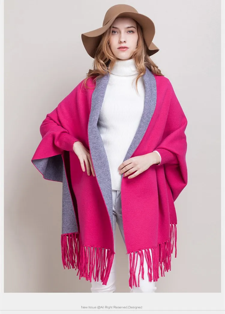 2016 Autumn New Women's Elegant Socialite Cashmere Tassel Cardigan Sweaters Batwing Sleeve Scarf Cape Outwear Poncho Top Quality