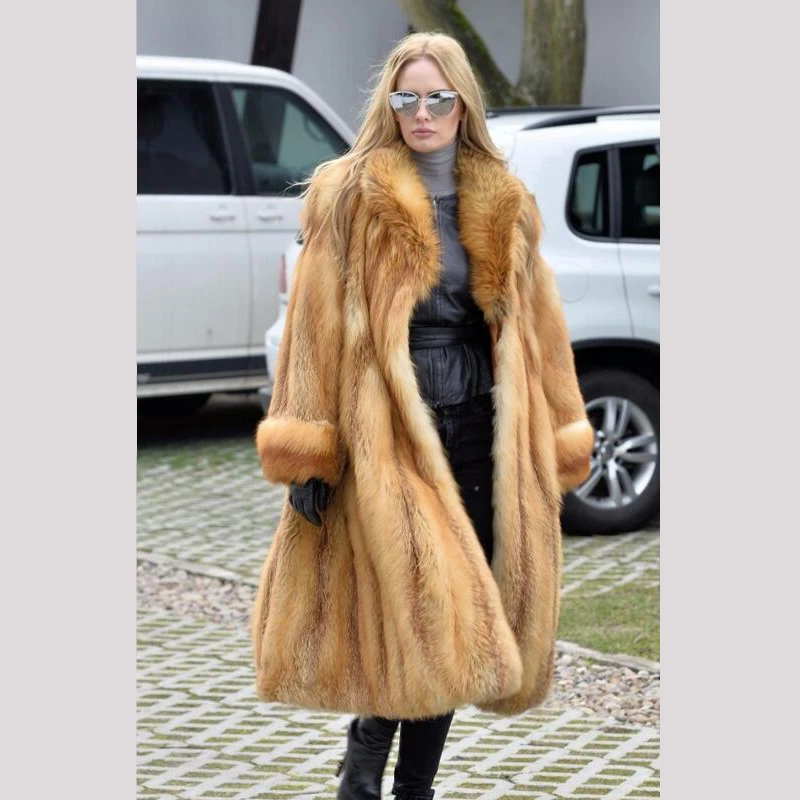 Новинка, пальто из натурального меха Красной лисы, длинная куртка из натурального меха с отложным воротником, длинное пальто из лисы, зимняя модная FC-078