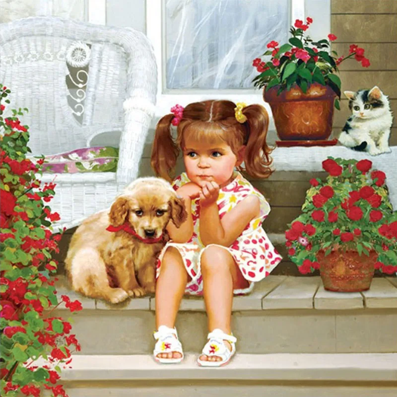 Diy Diamond Painting 3D Square Embroidery Cute Dog And Girl Needlework Rhinestone Cross Stitch Kit Mazayka Paint | Дом и сад