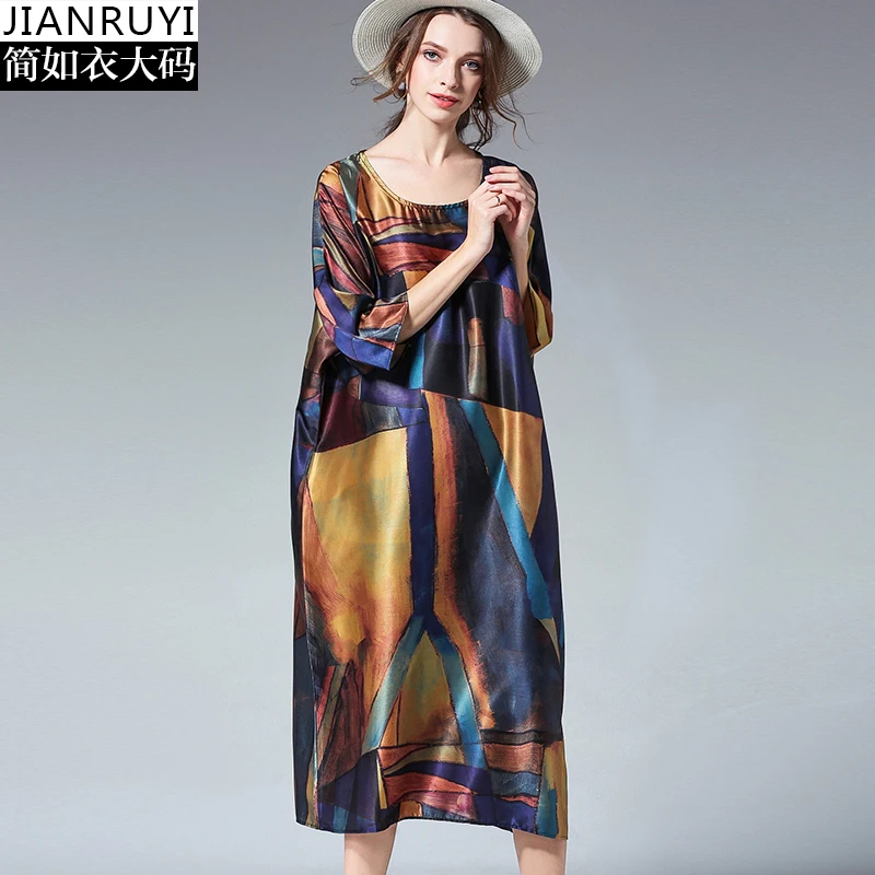 Abiti Vintage Stampa Vestito Donna Mezze Allentato Plus Maniche Party 1 Stain Silk Qualità Dress 2018 Size Primavera Estate Alta Di Casual Da HE92DI