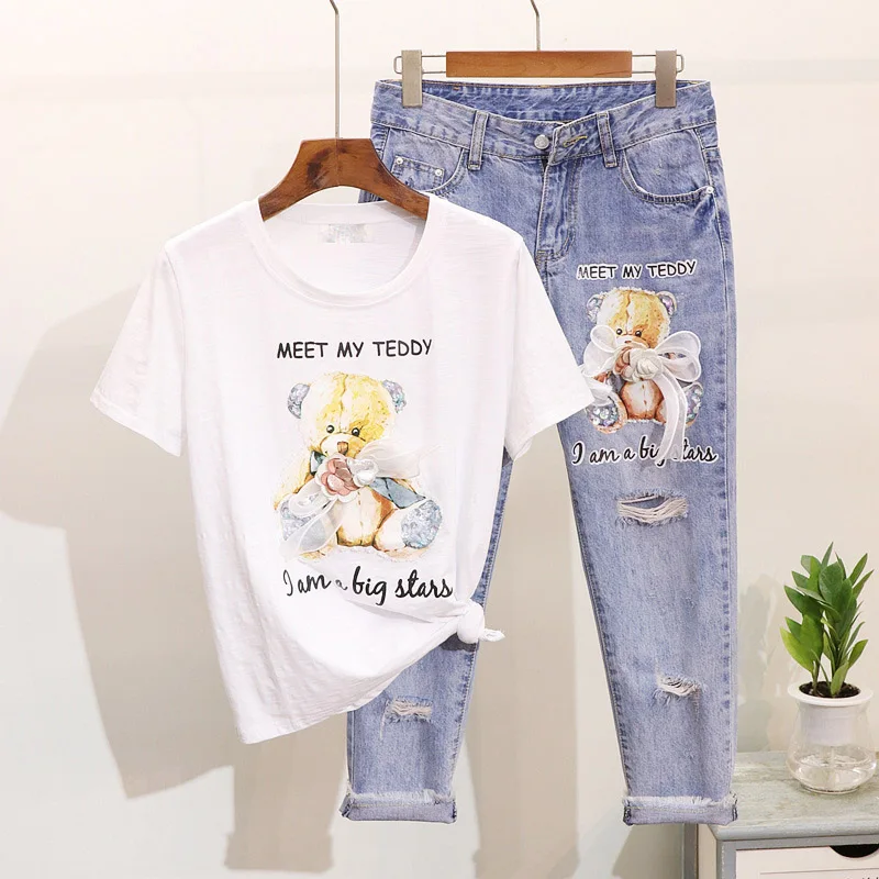 

2019 Women 2 Sets Summer tracksuit Short sleeve T-shirt Cartoon Printed Letter Tees Womens Holes Jeans Suit Ladies Two Pieces