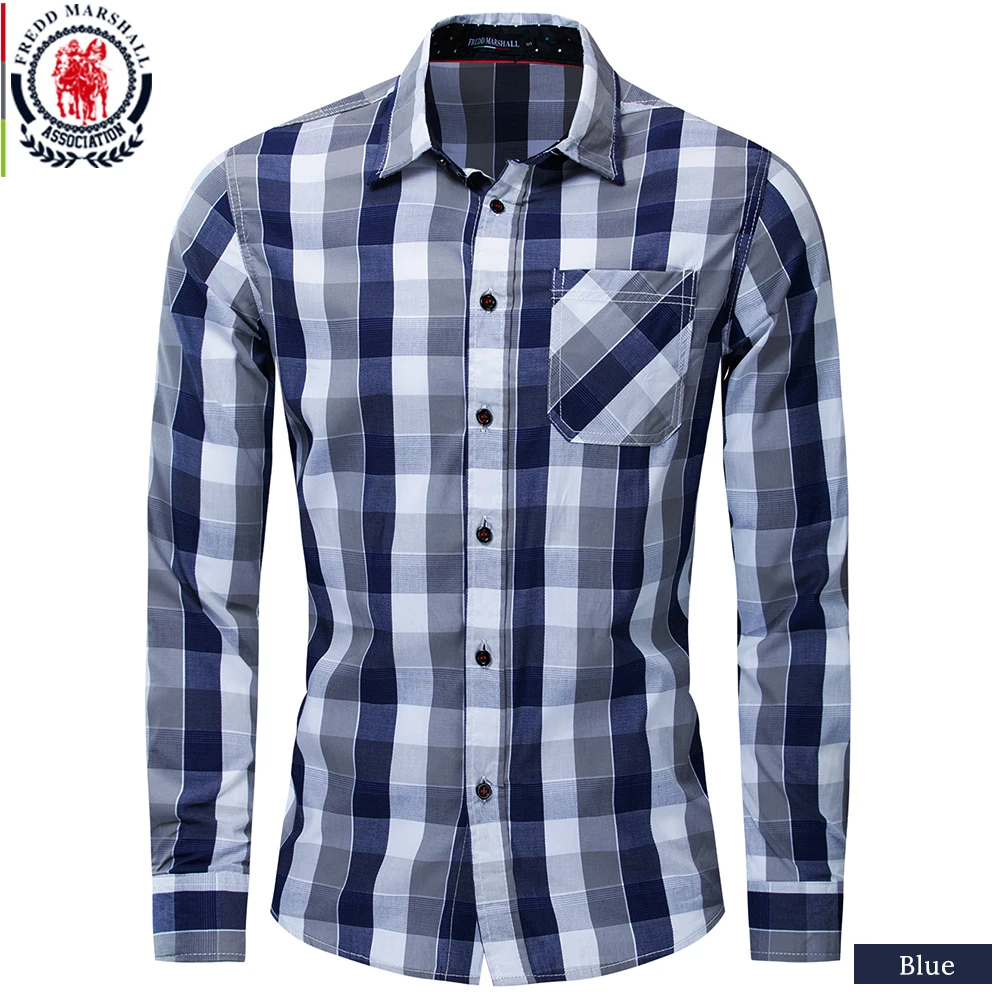 Fredd Marshall, мода, летняя повседневная рубашка, мужская клетчатая рубашка с длинным рукавом, хлопок, рубашки на пуговицах с карманом, 197 - Цвет: 197 Blue
