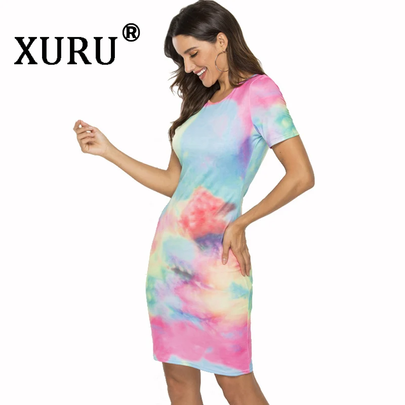 

XURU Summer New Women's Print Tie Dye Dress Fashion Casual Skinny Sexy Bag Hip Dress