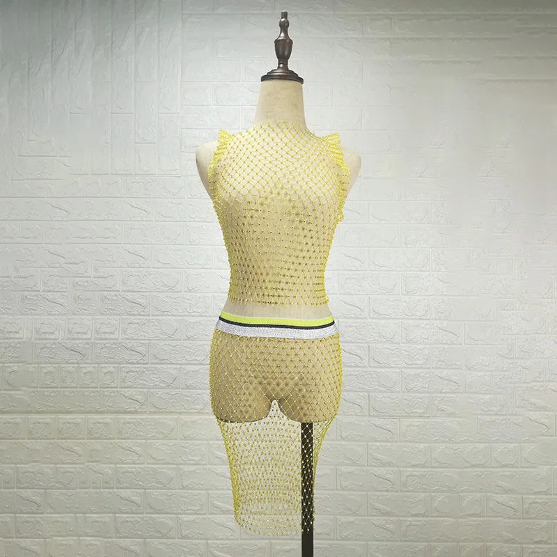 

Crystal Rhinestone Mesh Sexy Two-piece set Women Hollow Out Tops+Skirt Summer Luxury Beach Fishnet Bar night club Party Set