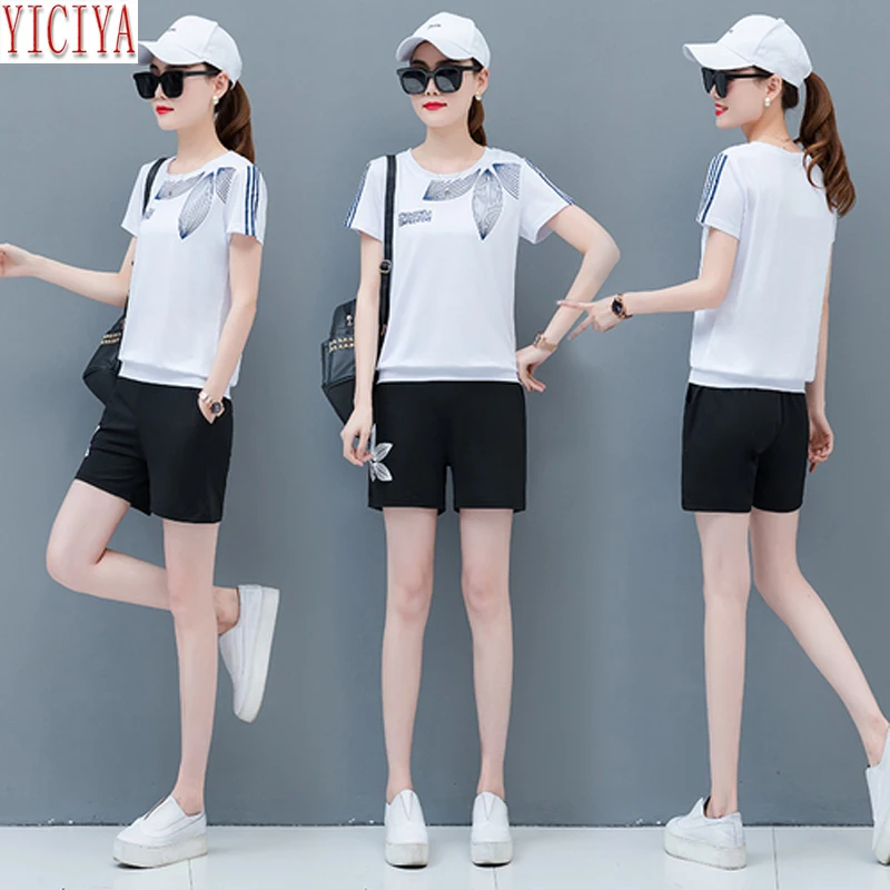 

White 2019 Summer Two Piece Outfits Shorts Pants and Top Plus Size Big Tracksuits for Women Sportswear Co-ord Set Clothing