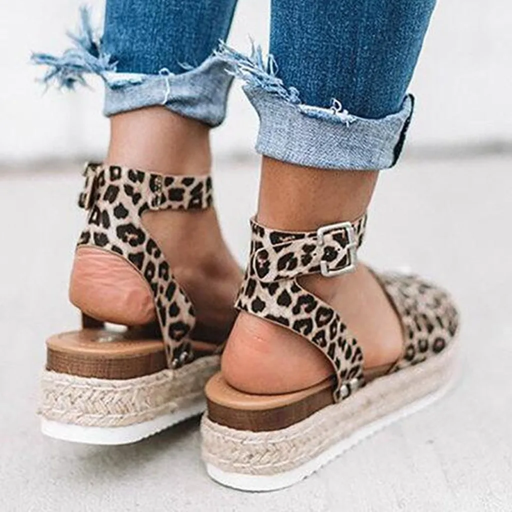 

new Simple design Summer Leopard Shoes Fashion Women Sandals Buckle Strap Wedges Leopard Retro Peep Toe Sandals gift for Women