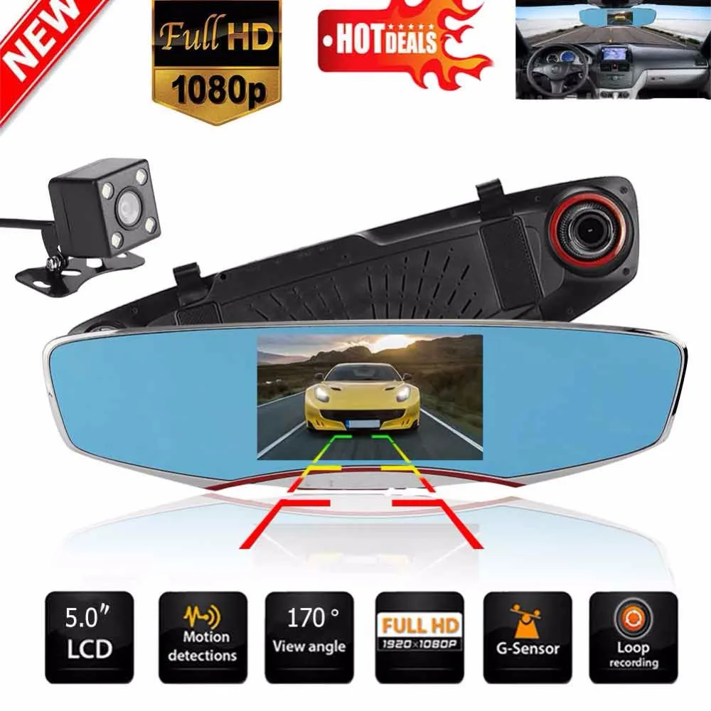 

Anytek T2 HD 1080P Car DVR Camera Auto 5.0 Inch IPS Dual Lens G-Sensor Rearview Mirror Digital Video Recorder Dash Cam