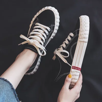 Женская парусиновая обувь; кроссовки для печенья; однотонные универсальные кроссовки на массивной подошве со шнуровкой; белые кроссовки для девочек; модная обувь для учащихся - Цвет: Черный