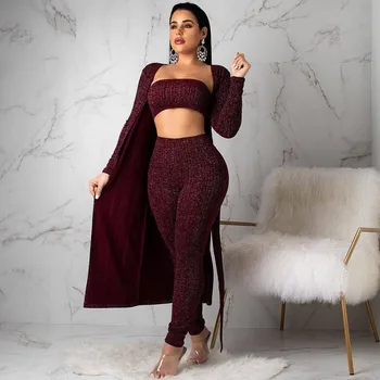 

Casual Solid Women Set Long Sleeve Cardigan Long Coat Strapless With Pencil Pants Three Piece Set Women Suit Female Set Women