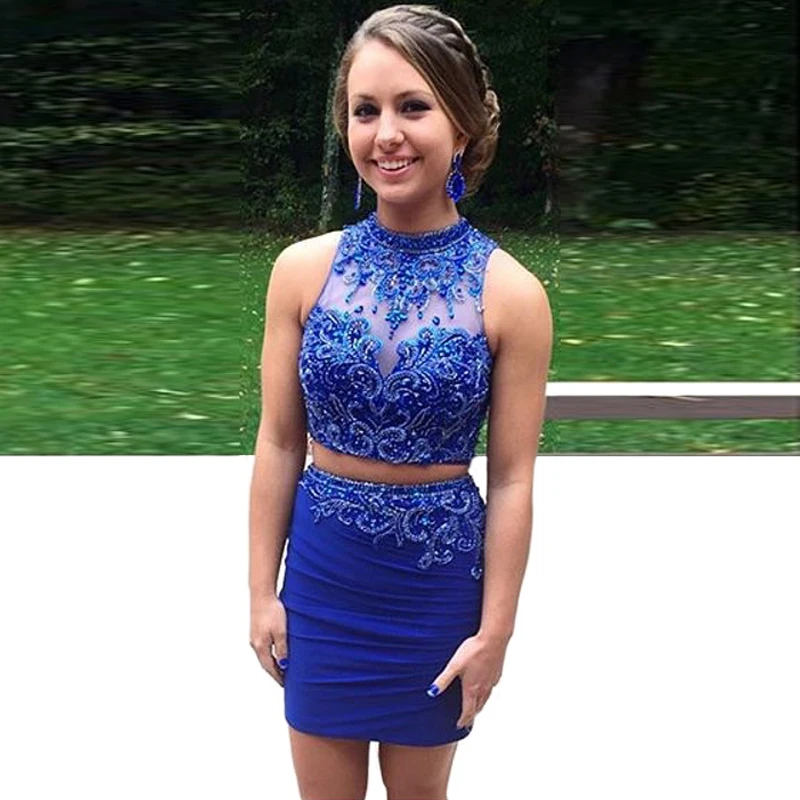 Sexy Royal Blue 2 Piece Prom Dress Formal Women Sheath Mini Cocktail Dresses 2017 Crystal Beads Events Gown Online Customized