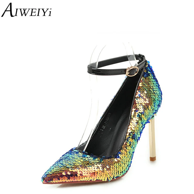 

AIWEIYi Women High Heels Glitter Glitter Pointed toe Buckle Strap Platform Pumps Shoes Big Size 34-43 Stiletto Heels Footwear