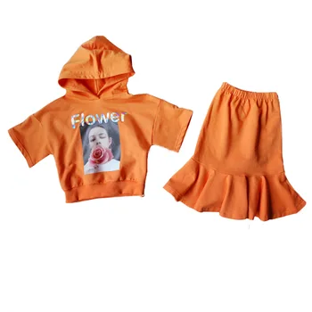 

Girls Sets 2019 New children Summer Clothes girl Cotton Hooded Blouse and Ruffle Skirt 2 pcs suit casual Printed kids set