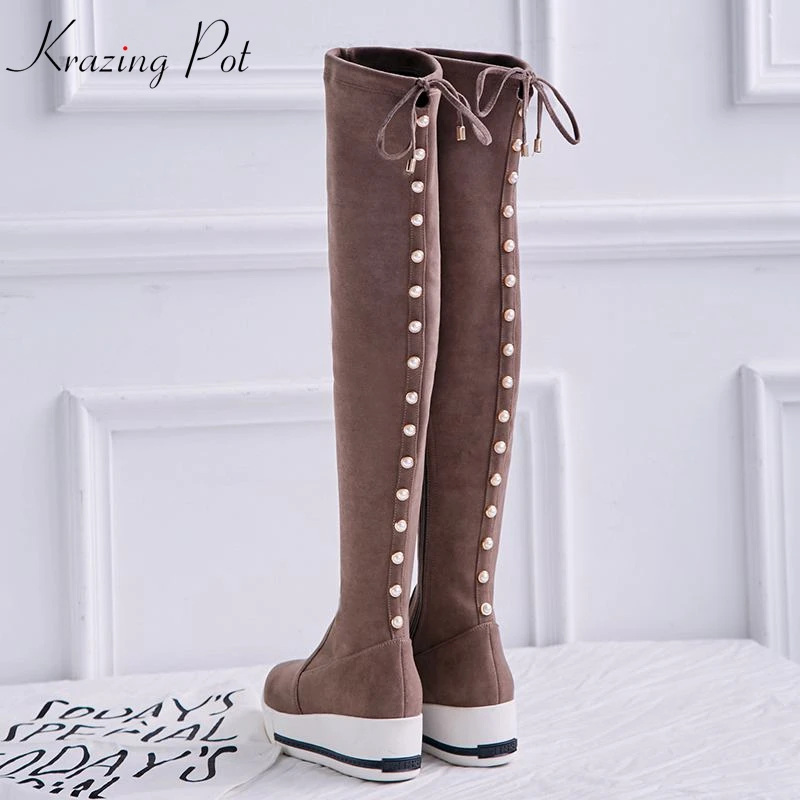 

Krazing Pot 2019 sheep suede velvet shoes flat platform pointed toe concise European personality thin leg stretch long boots L03