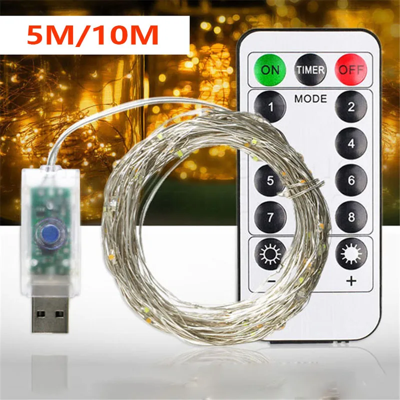

Remote Control Dimmable USB Led String Lights 10m 100 leds 5V 33FT Copper Wire Warm White wedding party decoration Lighting