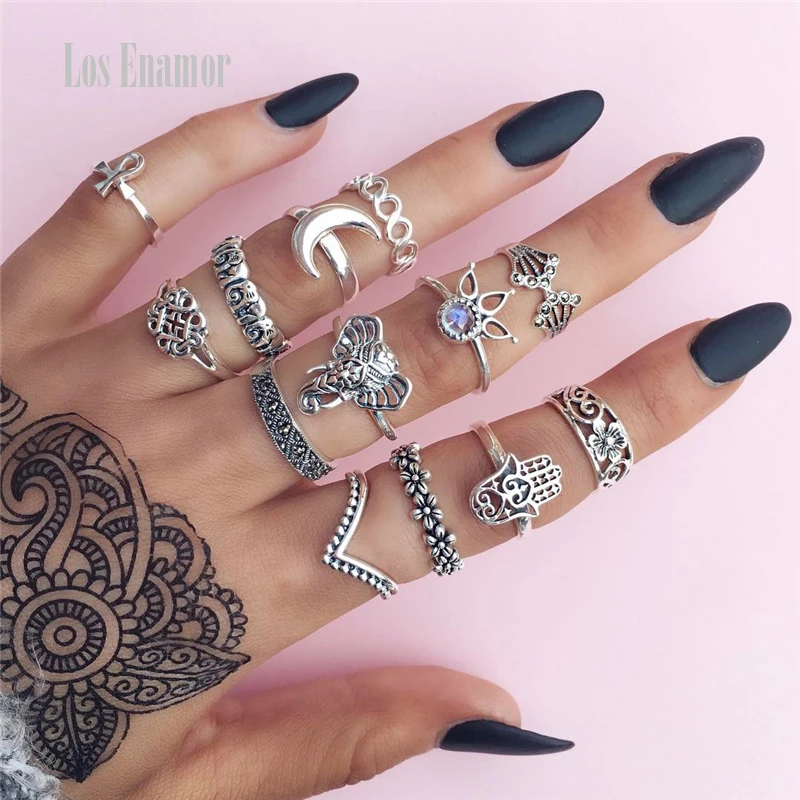 

2019 New Arrival Bohemian Ancient Silver Moon Elephant Joint Rings Set Wirh RhineStone 13-Piece Ring Set Rings For Women Cross