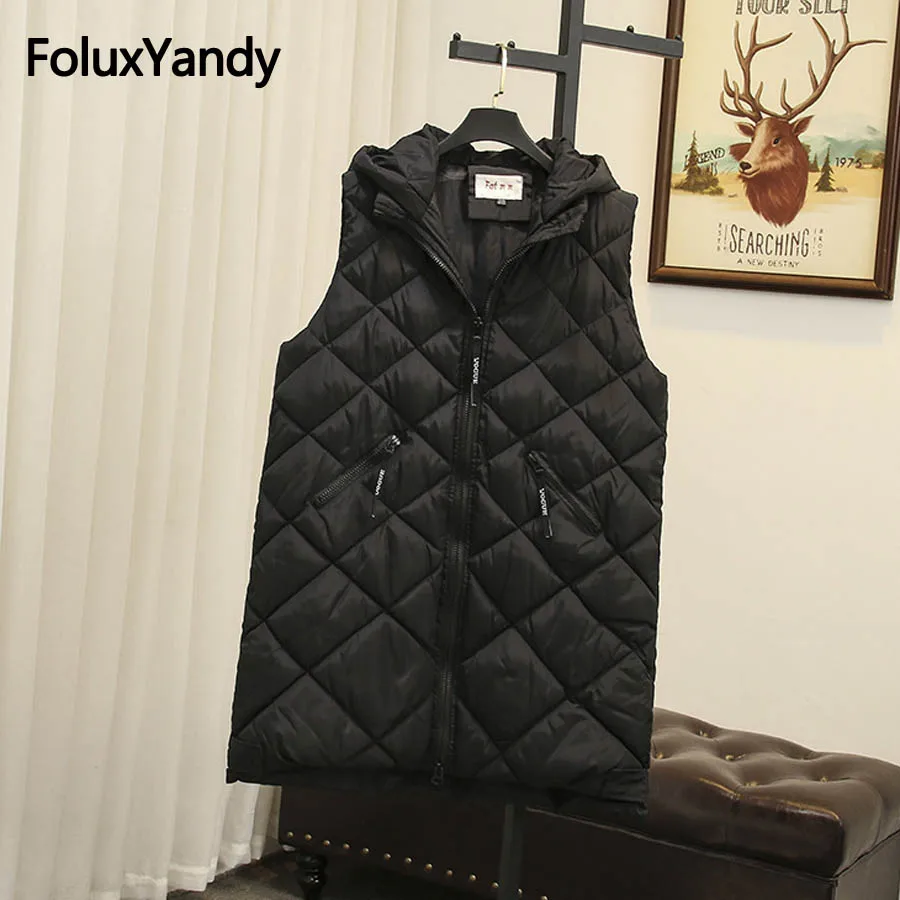 

Warm Thick Winter Vests Women Plus Size 5XL Casual Hooded Sleeveless Long Vest Black Outerwear SWM1140