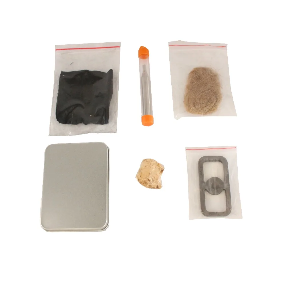 

PSKOOK Flint Fire Starter English Flint Stone Steel Striker Kit Primitive Fire Starter with Jute Tinder Tin Box Pocket Bellow