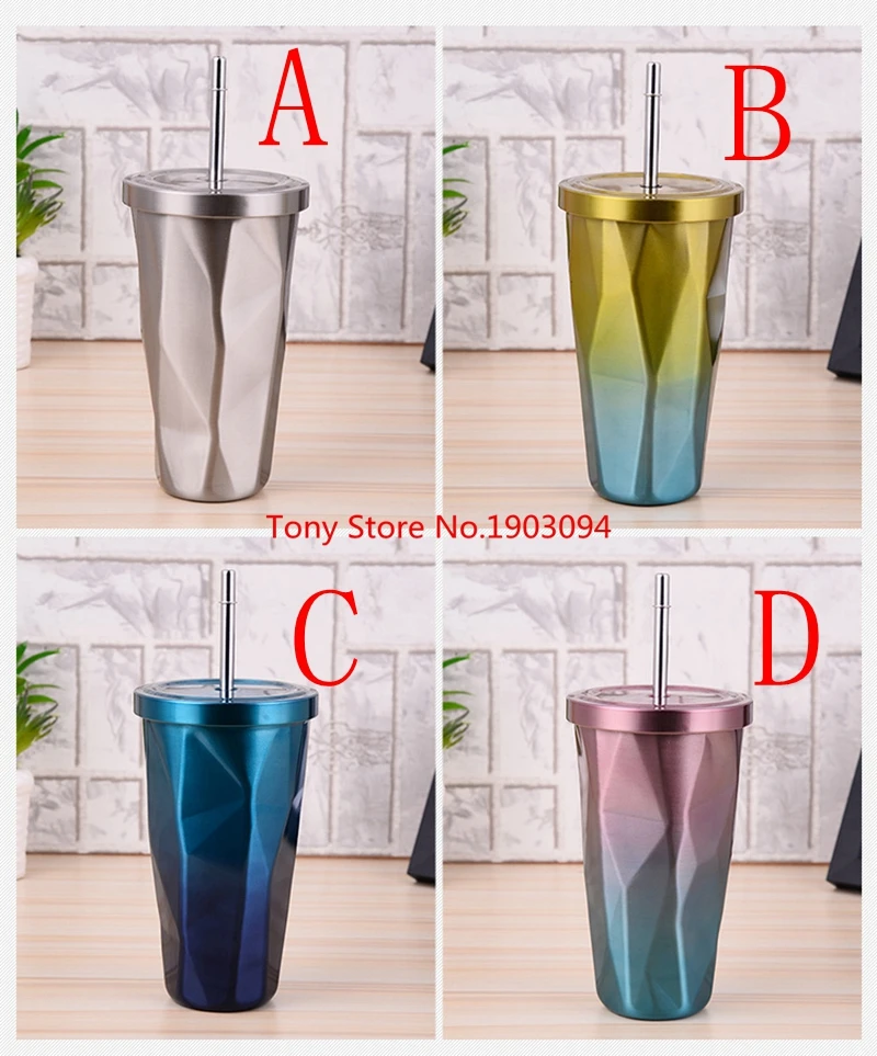 

25pcs/lot Creative Coffee Mug With Straw 500ml Double Wall Stainless Steel Gradient Diamond Shaped Vacuum Insulation Bottle Tour