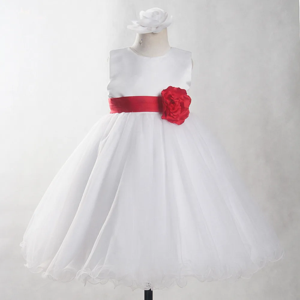 FG82 реальные фотографии Yiaibridal красный пояс и цветы белое платье для первого причастия Бальные платья для детей