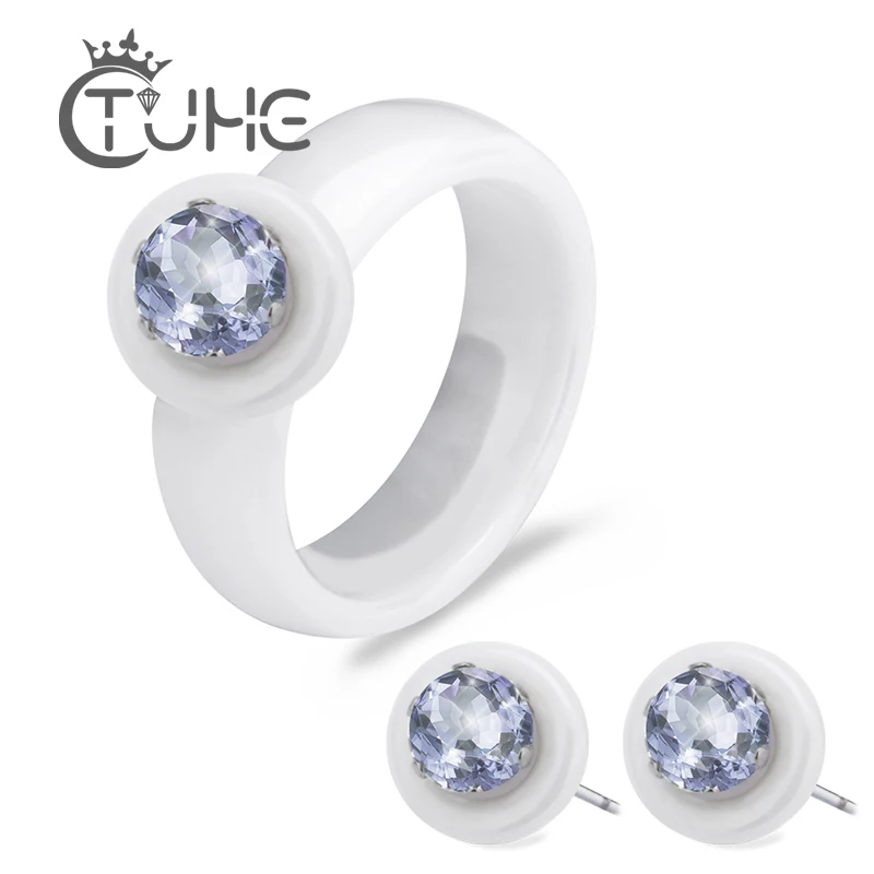

New Wedding Bride Jewelry Set Good Quality Ceramic Ring & Earring Set With Big Light Blue Crystal For Women Wedding Jewelry Sets