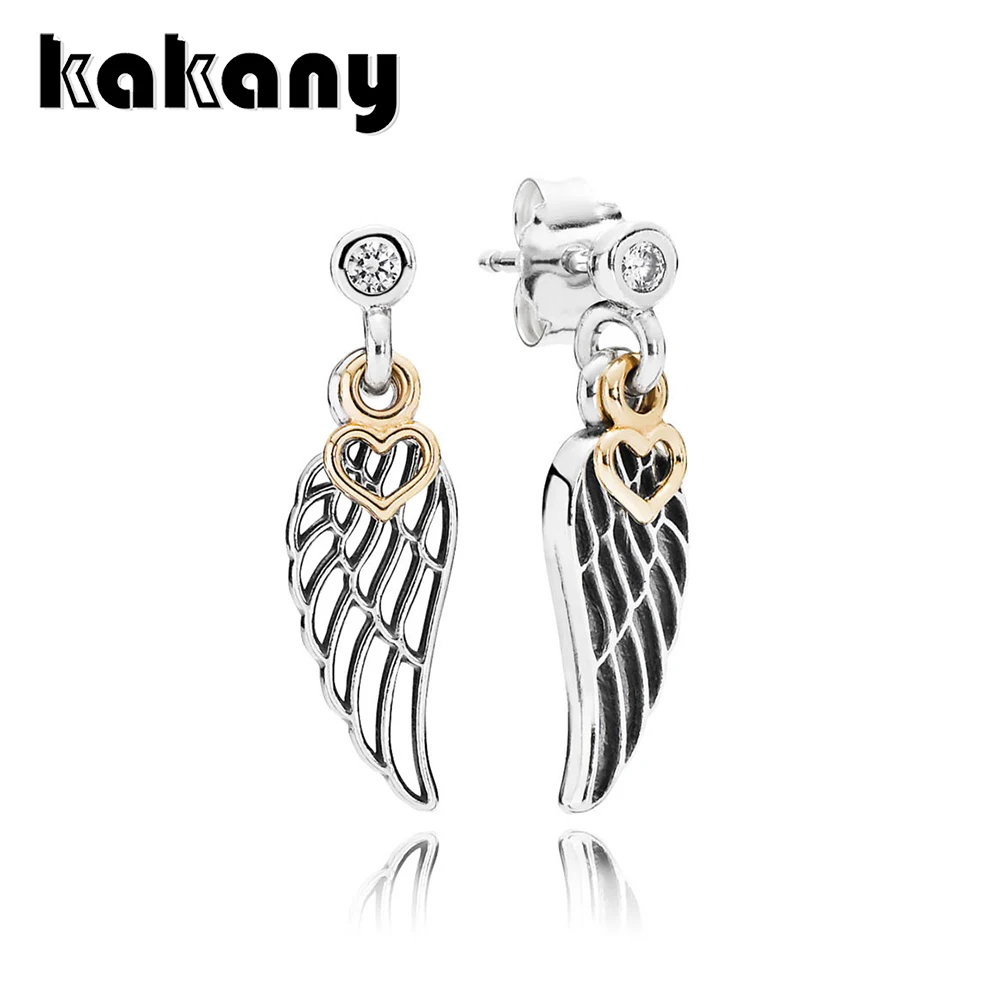 

KAKANY 925 Sterling Silver Angel Wing Silver Earrings Transparent Cubic Zirconia and 14k Heart Shaped High Quality 1:1 Jewelry