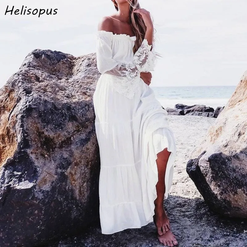 

Helisopus White Off Shoulder Flare Sleeve Maxi Dress Lace Patchwork Boho Long White Transparent Beachwear Dresses Sundress