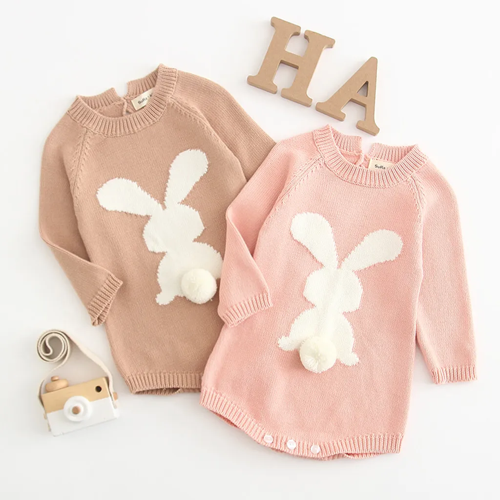 

Newborn Baby Girl Cartoon Knitting Rabbit Pom Sweater Tops Romper Bodysuit