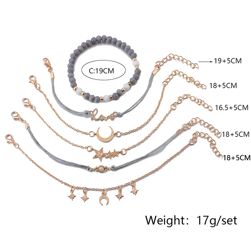 6 шт./компл. в стиле ретро с изображением луны и звезд, Любовь Подвеска-кристалл на цепочке браслет из бусин золотого цвета женские лаконичные элегантные многослойные комплект кожаного браслет