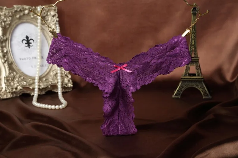 Женские сексуальные кружевные трусики, дышащие Бесшовные трусы, полые стринги, женские трусы стринги, стринги с t-образной спинкой, Calcinha culotte femme - Цвет: purple