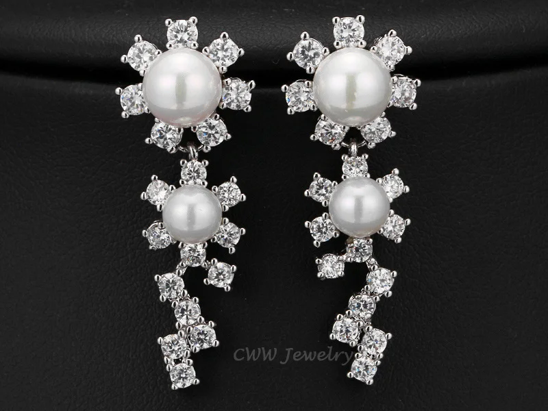 CWWZircons High Quality Round CZ Stones Setting Large Pearl Dorp Earrings And Necklace Jewelry Sets For Wedding T249|jewelry sets|quality jewelry