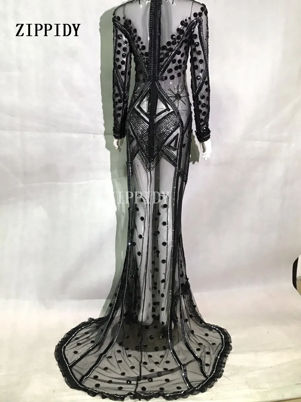 

Black Perspective Rhinestone Long Dress Sexy Lady Birthday Party Costume Women Celebrate Performance Dresses