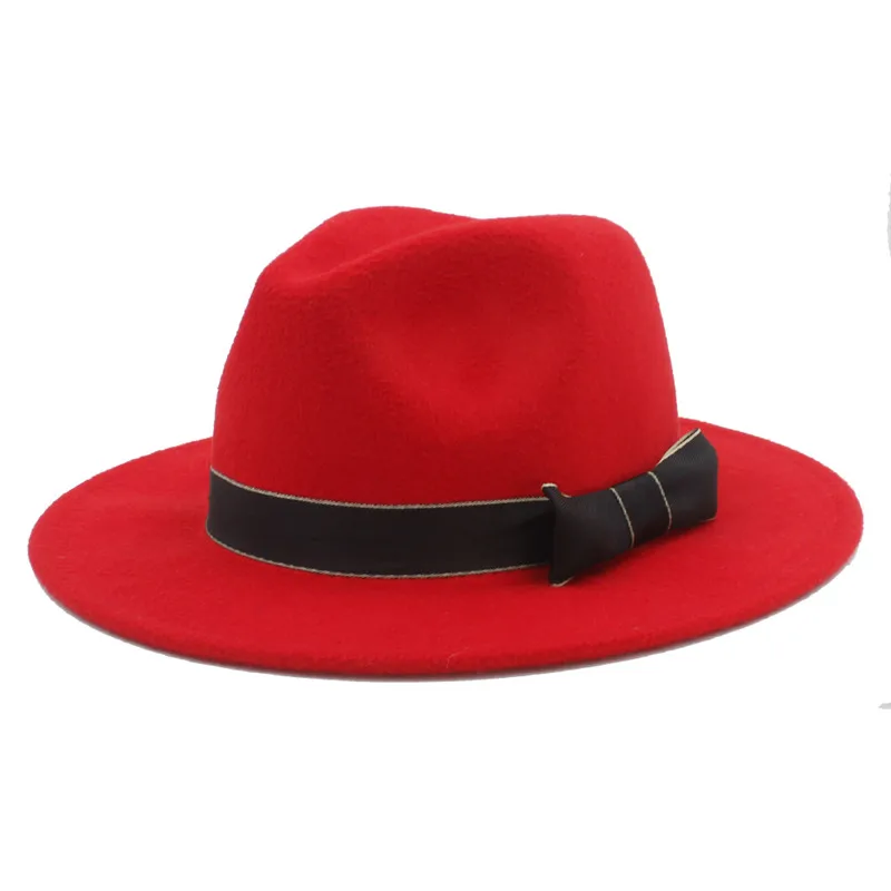 Red Женская и Мужская шерстяная шляпа Fedora для джентльмена зима осень одежда широкий джазования с полями церковные шляпы сомбреро размер 56-58 см - Цвет: Red