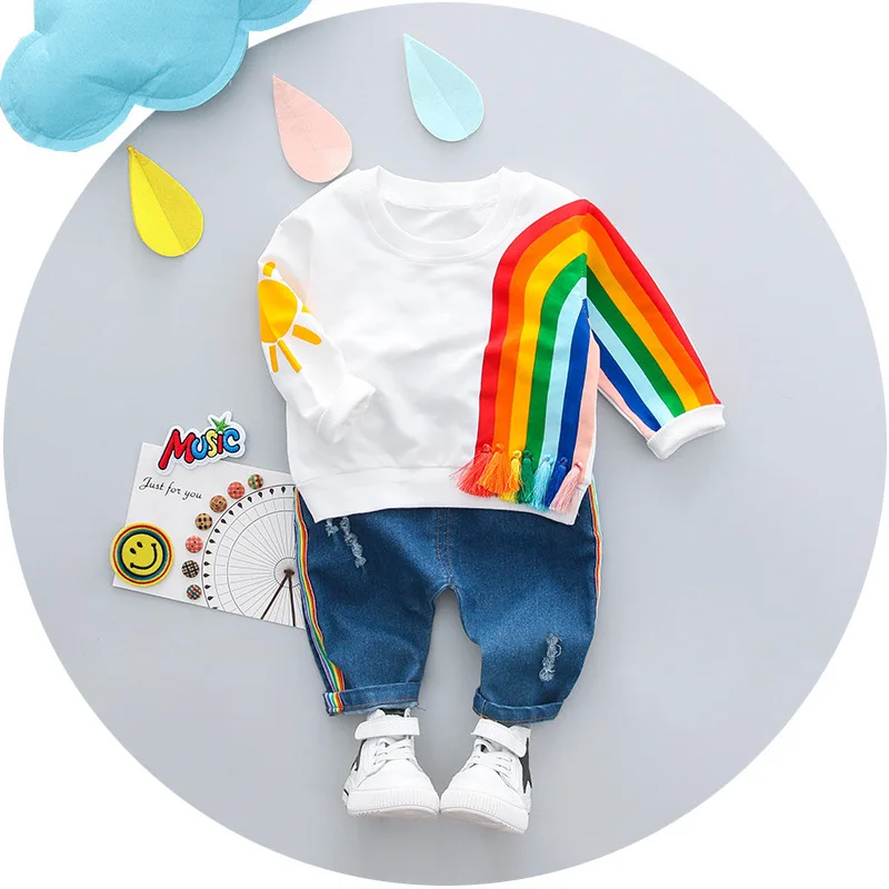 

Girls suit rainbow pattern Korean cotton children's suit 2019 spring and autumn new long-sleeved T-shirt jeans two sets of tide