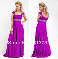 Custom Made Crystal Beads And Sequins Cap Sleeve Ruffles Empire Dark Voilet Chiffon Summer Evening Dresses BO1363