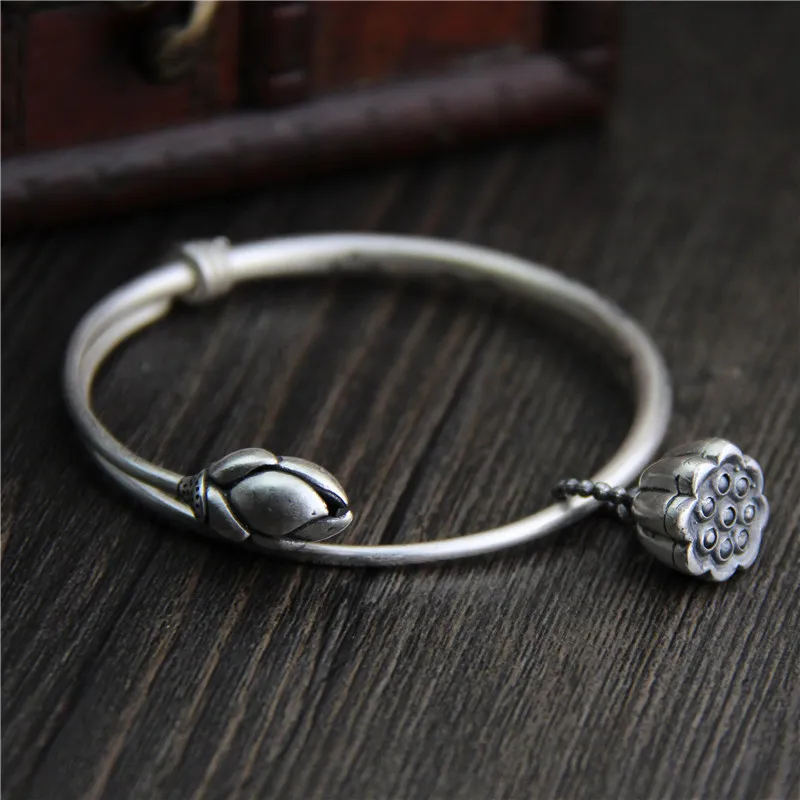 

Pure Silver Ethical 925 Sterling Thai Silver Bracelets & Bangles Vintage Open Size S925 Bangle Lotus Seed Charm