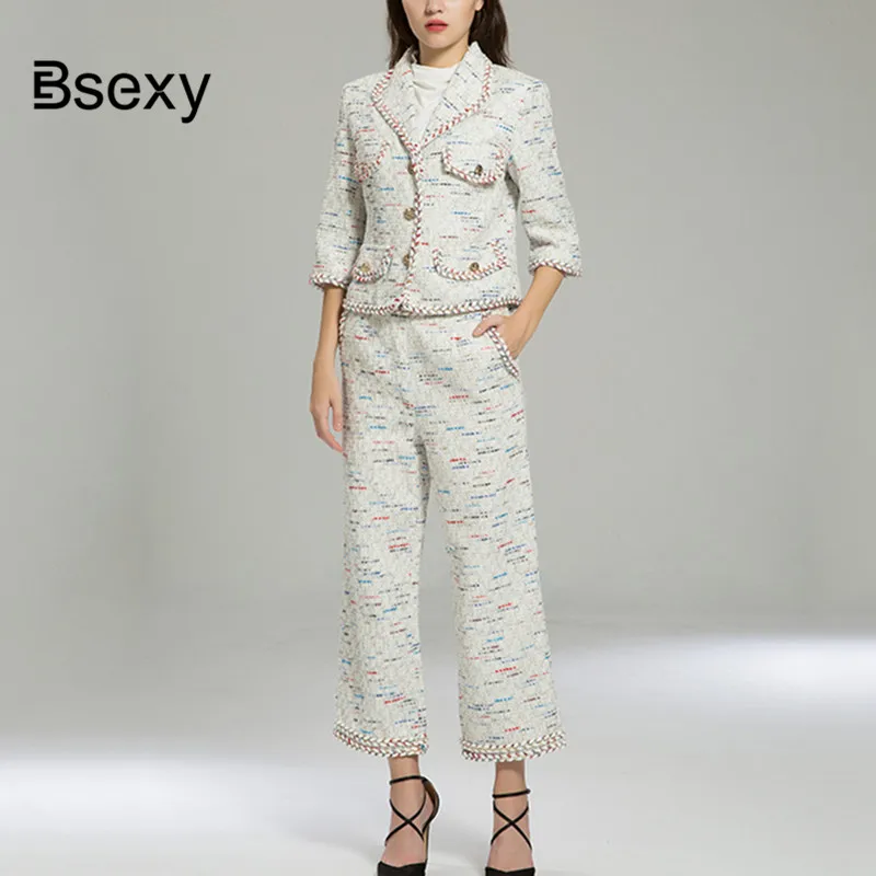 Office Lady two piece Tweed Set Women Crop Top Blazer Tweed Jacket and Wide pants Sets Autumn Winter Outfit Coat trousers suits