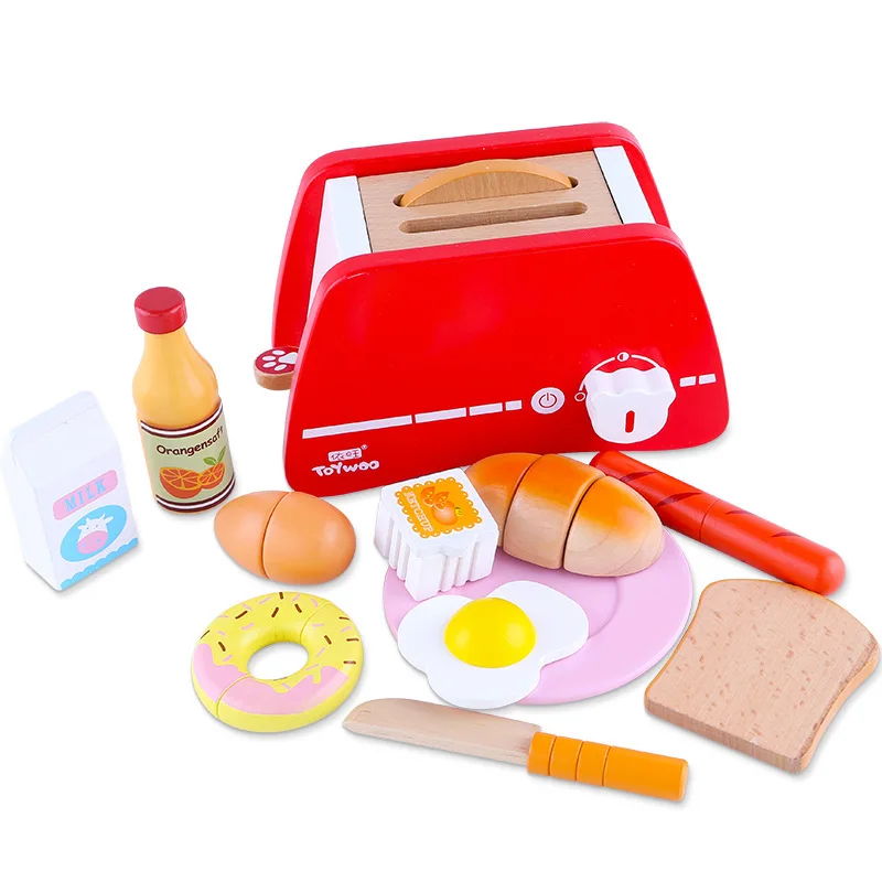 Wooden Breakfast Bread Machine Play House Kitchen Toy Role Playing Simulation Children Parent-child Interactive Educational Toys - Цвет: Red