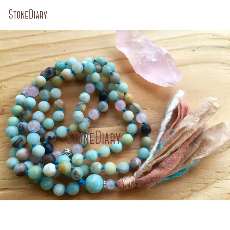 20180313-NM11102-Amazonite Mala Bead, Rose Quartz, Silk Sari Tassel , Courage, Feminine Moon Energy, Heart Chakra Goddess Yoga Jewelry_2
